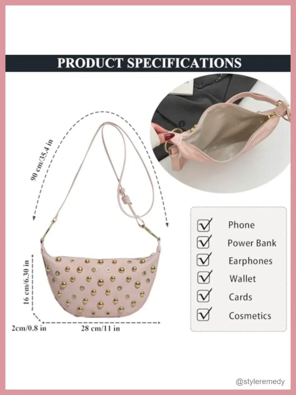 Studded Faux Leather Hobo Crescent Crossbody Bag Y2K Shoulder Purse